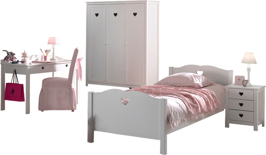 Diese Amori-Kombination besteht aus einem Amori-Bett 90x200cm, einem Lattenrost, einem Amori-Nachttisch, einem Amori-Kleiderschrank mit 3 Türen und einem Amori-Schreibtisch.