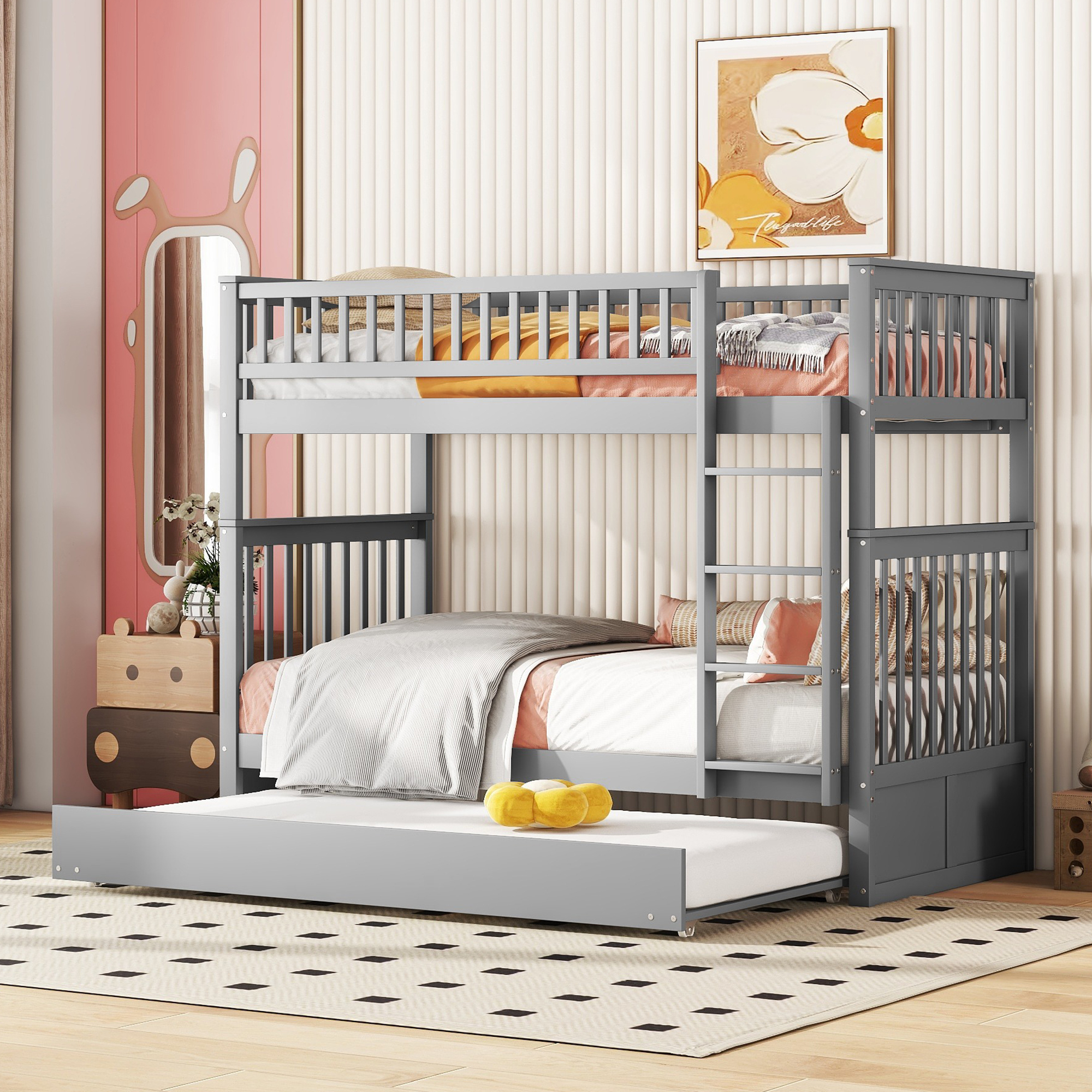 Flieks Etagenbett 90x200cm mit Ausziehbett, Hochbett mit Rausfallschutz und Lattenrost, Kinderbett mit Leiter, Stockbett 2 Kinder, Grau