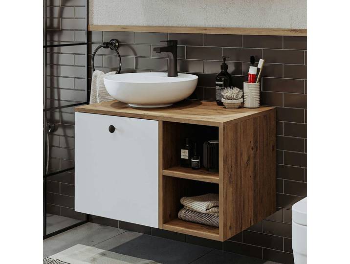 Meuble Vasque Rond Décor Pin Et Blanc 1 Tiroir Tima