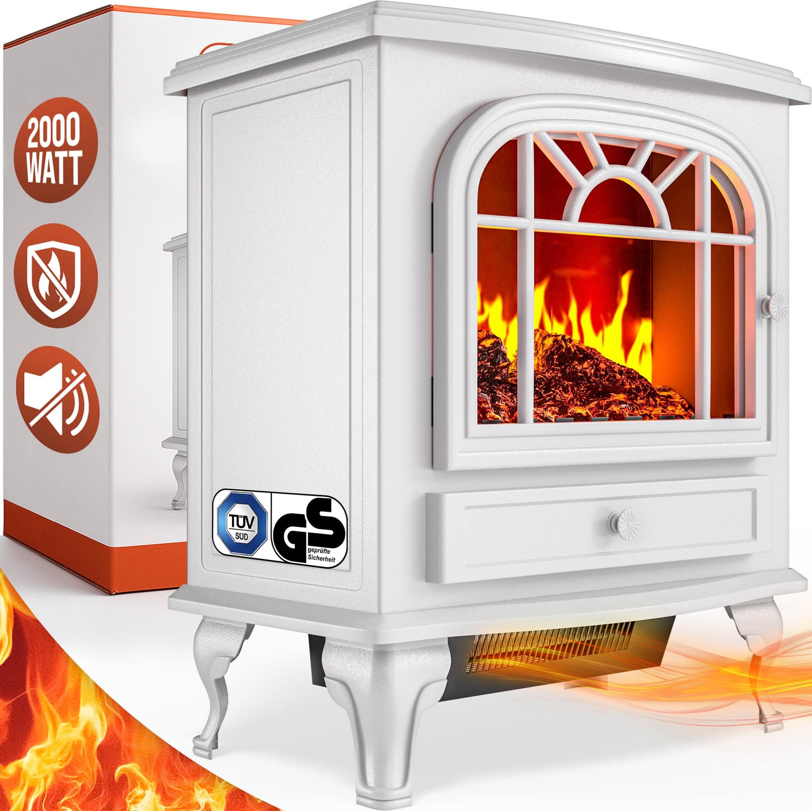 Deuba Monzana elektrische kachel met verwarming, 2000W, verwarmingsventilator en LED-vlammensimulatie, wit