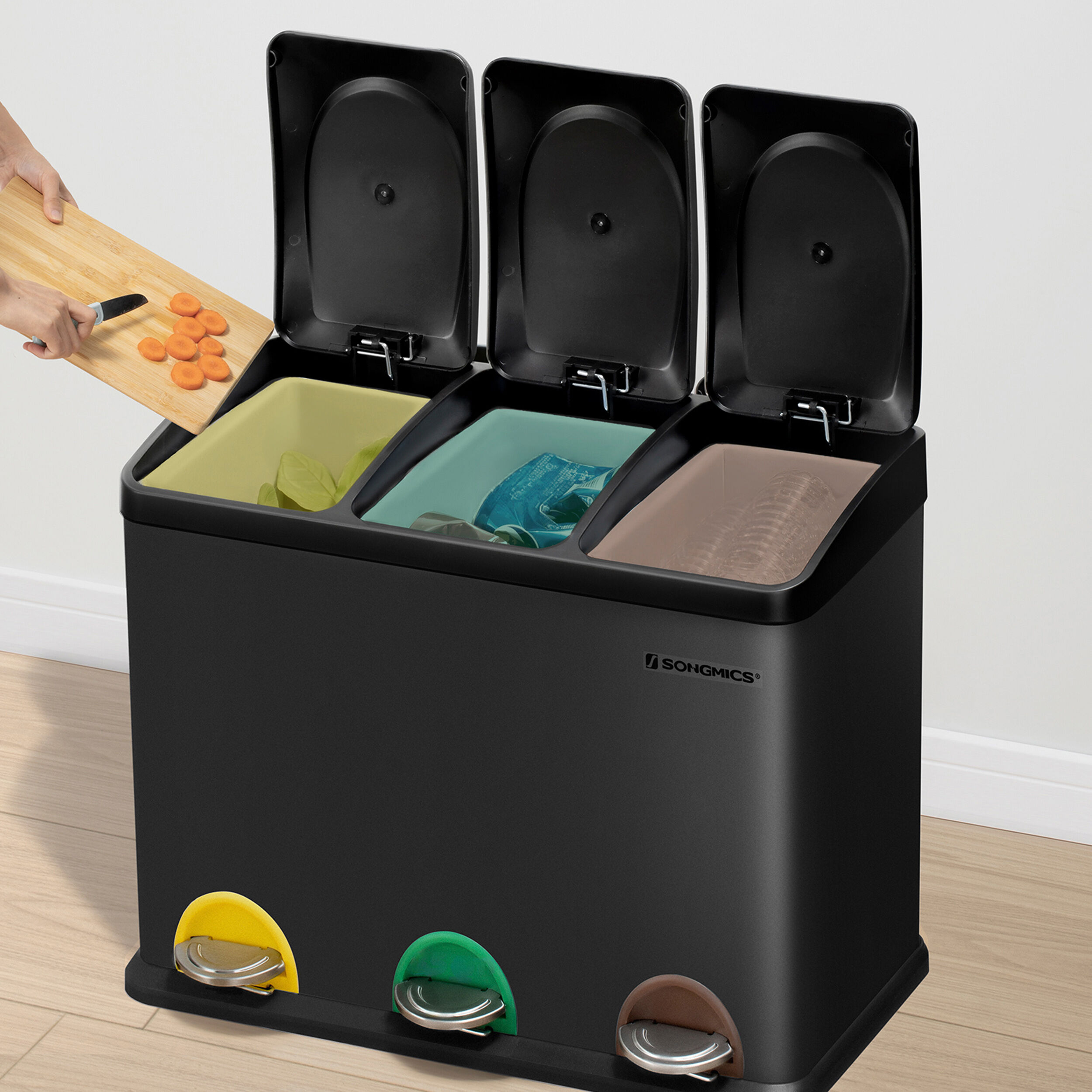 SPRINTIS Poubelle à pédale 3 x 15 litres noir, acier, PP, PE