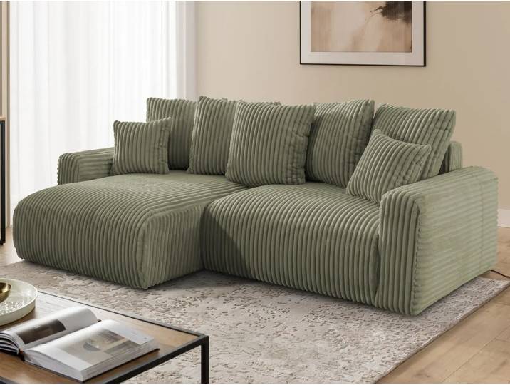 S-Style Möbel Calma - Komfortables Ecksofa im Bumpy-Design mit Schlaffunktion und Bettkasten aus weichem Plüschcord - Olive