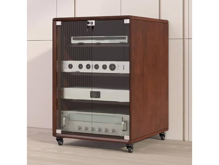 Audio-Schrank, Vertikaler Medien-Ständer aus Massivholz mit abschließbarer Abschließbares Türdesign, Vertikal Platzsparend, Hochglanz-Finish, Musikzimmer, DJ / Theater