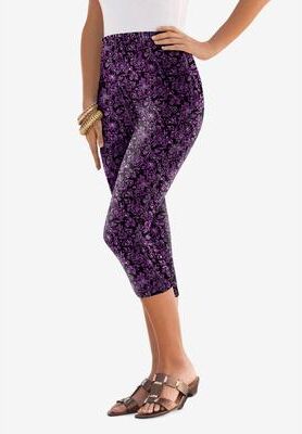 Plus Size Women's Plus Size Essential Stretch Capri Legging by Roaman's in Black Purple Batik (Size 30/32) Activewear Workout Yoga Pants