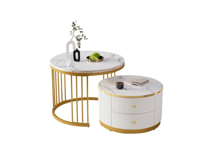 Merax Couchtisch, Hochglanz Marmoroptik, Beistelltisch Set, Satztisch Metallrahmen
