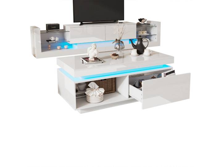 Flieks Tv-Schrank-Set, Hochglanz, Couchtisch, Weiß, 50x40.3x100 cm, Wohnzimmer, TV Möbel, Lowboards, Lowboards stehend