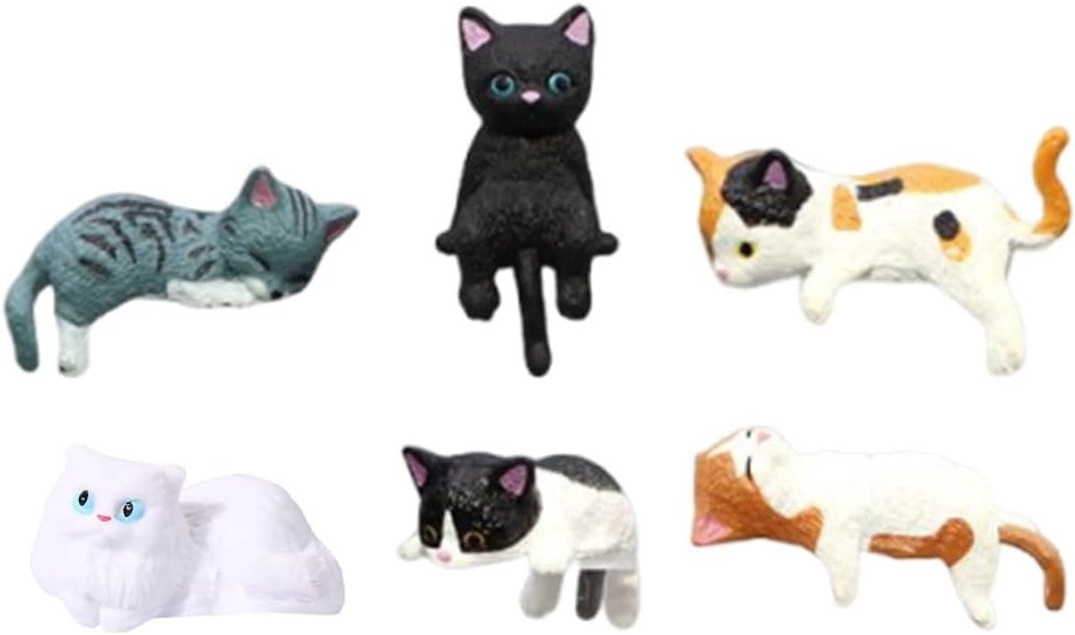 Set van 6 Mini Kat Figuren voor Bureau en Computer Monitor Decoratie - Schattige Resin Katten voor Dashboard en Kantoor Accessoires
