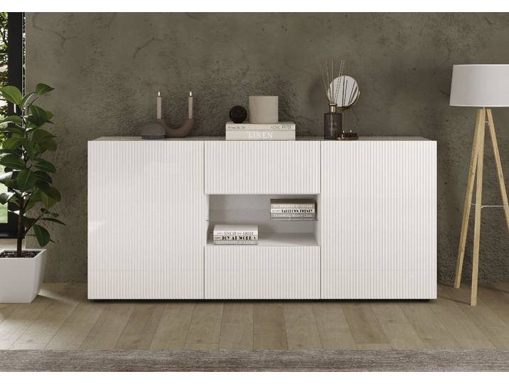 Sideboard HOME AFFAIRE Rio Breite 181 cm, Kommode mit 2 Türen u. 2 Schubkästen , weiss (weiß hochglanz lack, front mit geriffelter struktur), B:181cm H:84cm T:42cm, Sideboards, Sideboard, geriffelte MDF-Fronten, modern u. elegant, viel Stauraum