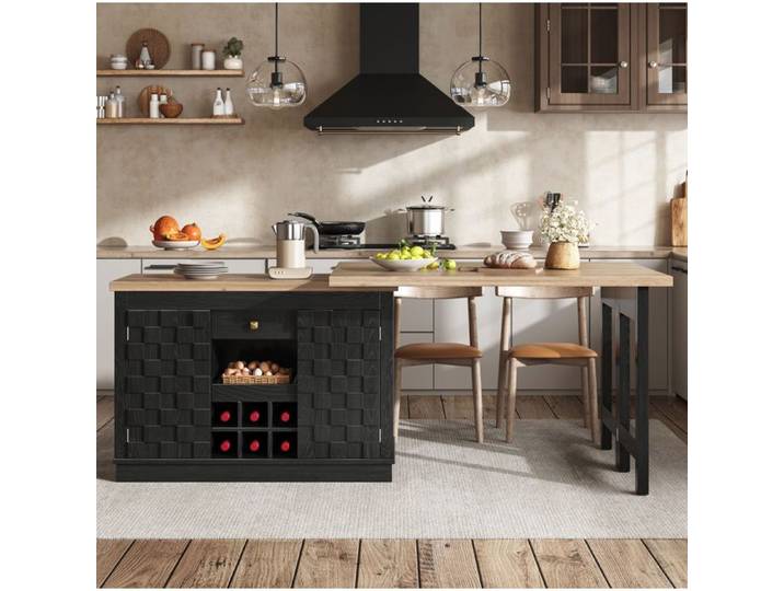 ROVRYN Îlot central de cuisine extensible 120-197 cm orientable 360° avec rangements MDF noir