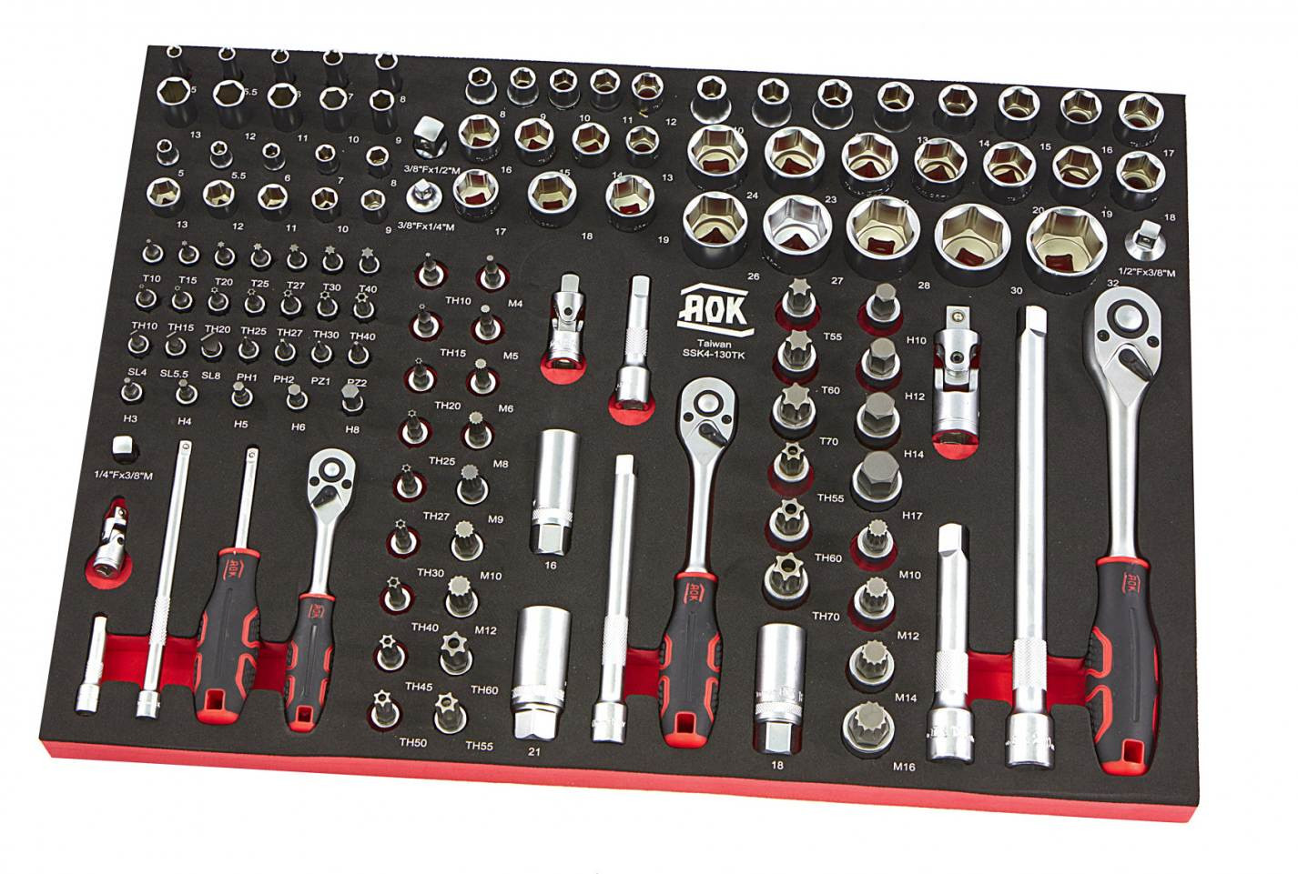AOK Professionele momentsleutelset van 130 stuks met schuimrubberen bescherming, 1/4", 3/8" en 1/2"