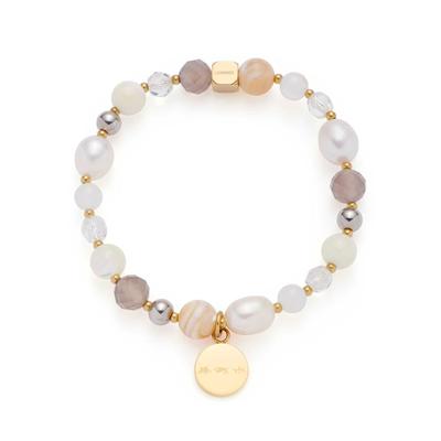 Armband LEONARDO "Bicolor Hope", weiß (gelbgoldfarben, grau, braun, weiß, grau), Armbänder, Damen, 17cm, Edelstahl Perlen Polyurethan, Edelstahl, Perlen, Polyurethan, Armband, mit Achat - mit Glasperle, Süßwasserzuchtperle