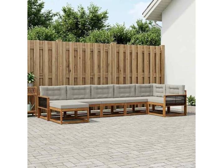 HFMDRMU 7-teiliges Outdoor-Sofaset aus massivem Akazienholz mit Kissen, natürliche Optik und hellgraue Polster, modulares Design mit Lattenrahmen und Armlehnen für Garten, Terrasse