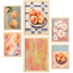 POSTER Set Mit 6 Orangefarbene Pfirsiche A3 & A4 Rahmen Aus Hellem Holz
