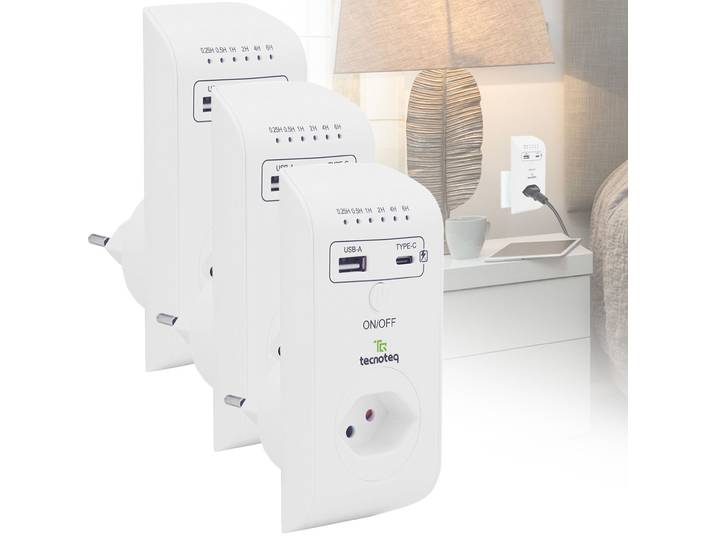 3er-Set Steckdose mit 2x USB-Ladeport, 3.1 A, Timer, Überspannungsschutz, Swiss-Edition