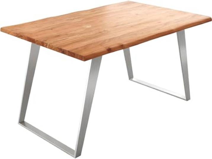 DELIFE Esszimmertisch Edge Akazie Natur 140x90 Edelstahl Schräg Live-Edge