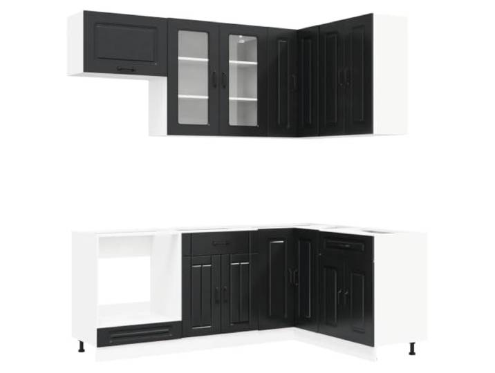 Makastle Küchenschrank-Set 8-teilig, Schwarz, Holzwerkstoff, mit Glastüren und Schubladen, Wandmontage