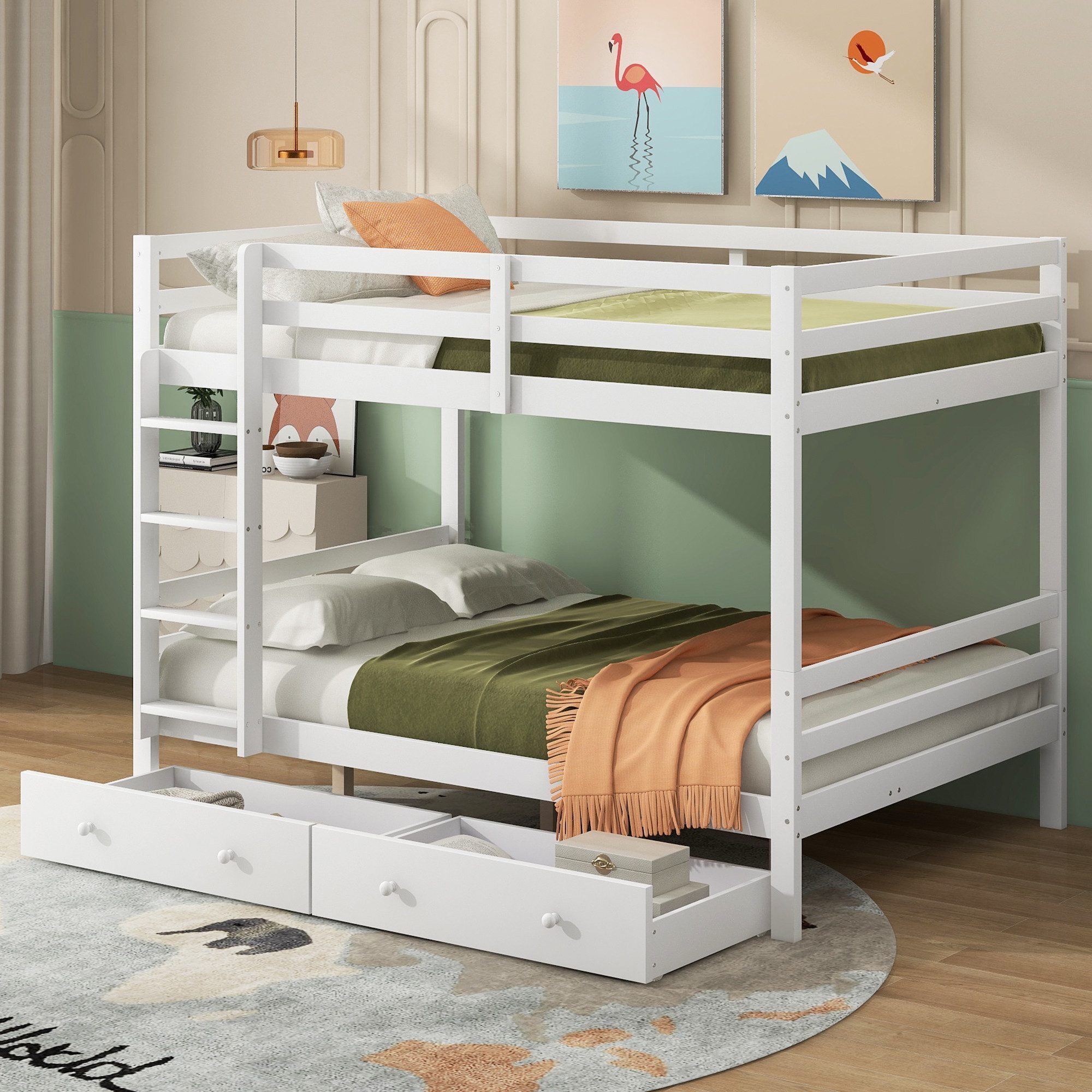 Fortuna Lai Etagenbett 140x200cm mit 2 SchubladeMassivholz Kinderbett Doppelbett, Weiß