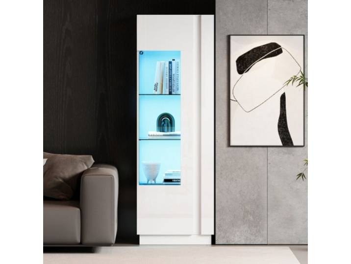 Vitrine rangement blanche laquée brillante 60x40x180cm porte en acrylique 3 étagères verre LED
