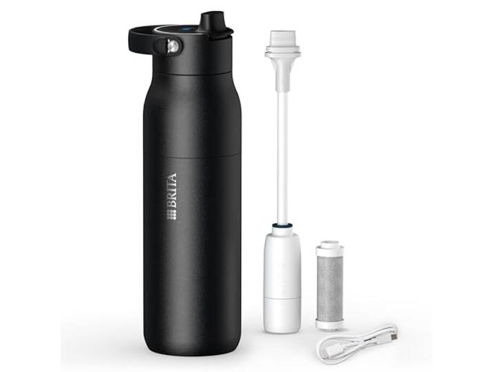 BRITA LARQ iQ Digitale Edelstahl Trinkflasche mit Wasserfilter (1000 ml) Schwarz, Hydration Tracking (BRITA App), Strohhalm, Aktivkohle Filter, UV-C, neutralisiert 99,99% Bakterien, filtert PFAS