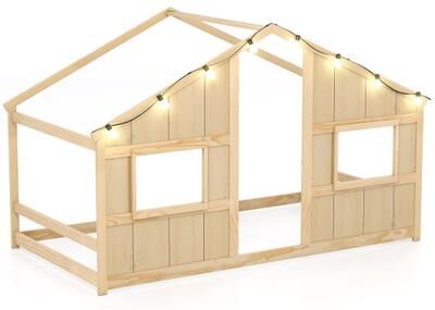 Costway Twin Size House Bed with LED Lights Montessori Slat-free Floor Bed-Natural
