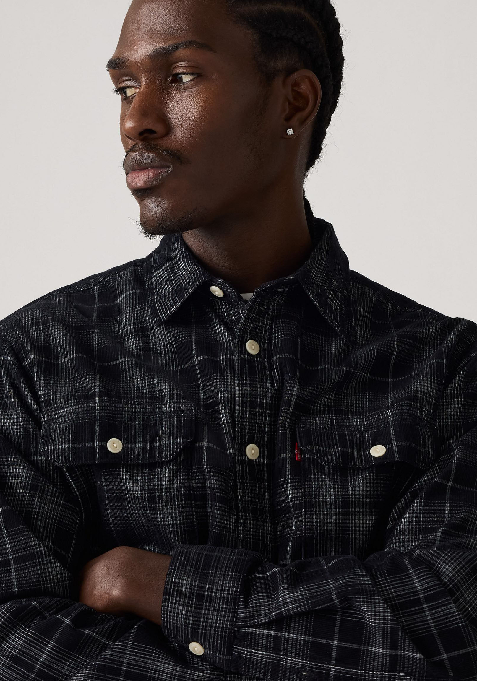 Langarmhemd LEVI'S "JACKSON WORKER", Herren, Gr. S, N-Gr, schwarz (huxley plaid jet bla), Cord, Obermaterial: 100% Baumwolle, relaxed fit, Hemden Langarmhemd huxley plaid jet bla S, N-Gr