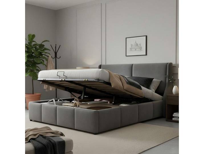 Lit de hydraulique 140x190 cm avec tête de lit ，tête capitonnée ，Gris