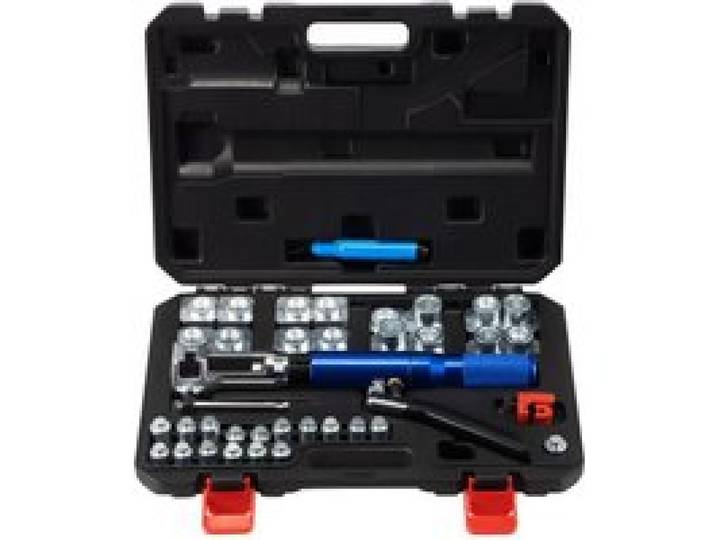 VEVOR 72485-PRC Hydraulisches Bremsleitung Bördelgerät 30-teilig Bördelwerkzeug Hydraulic flaring tool mit 45° Bördelkegel / 16 Matrizen & Adaptern für 3/16 -1/2 Kupferrohr