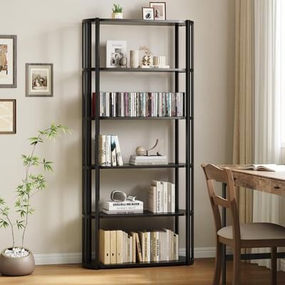 Garvee 6 Tier Wooden Bookshelf, 71 Inches Industrial Tall Book Shelf, Metal Frame Large Open Bookcase