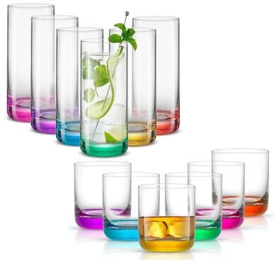 JoyJolt 12 Piece Colored Tumbler and Rocks Drinking Glasses Set