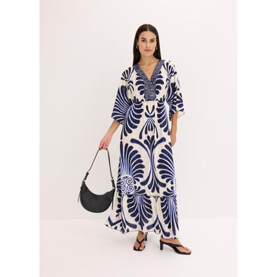 Maxikleid BONPRIX, Damen, Gr. 38, N-Gr, blau (dunkelblau, wollweiß bedruckt), Obermaterial: 100% Viskose, oversize, Kleider Maxikleid, für Frühling und Sommer, aus Viskose, Oversize Passform, mit Druck