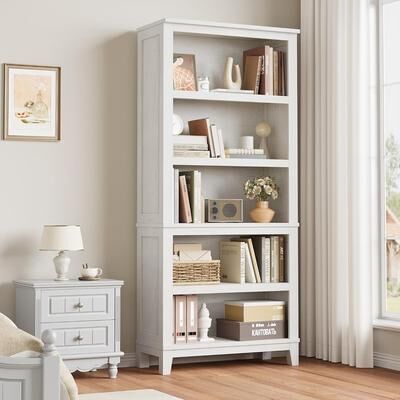 Garvee Wooden Bookcase 5 Tier Storage Bookshelf Farmhouse Bookshelves Rustic Vintage Etagere for Home Office White