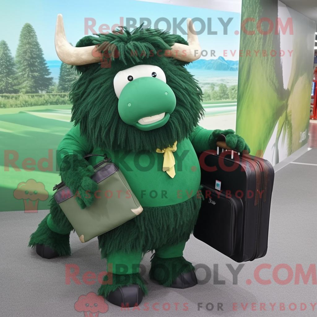 Maskottchenfigur REDBROKOLY eines waldgrünen Yaks mit Faltenrock und Aktentasche