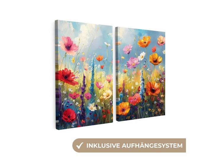 MuchoWow Leinwandbild 2er Set Blumen - Frühling - Farbenfroh - Sommerlich 240x180 cm, Orange, Kiefer, Rechteckig, 240x180 cm, Keilrahmen, Bilder & Rahmen, Bilder, Leinwandbilder