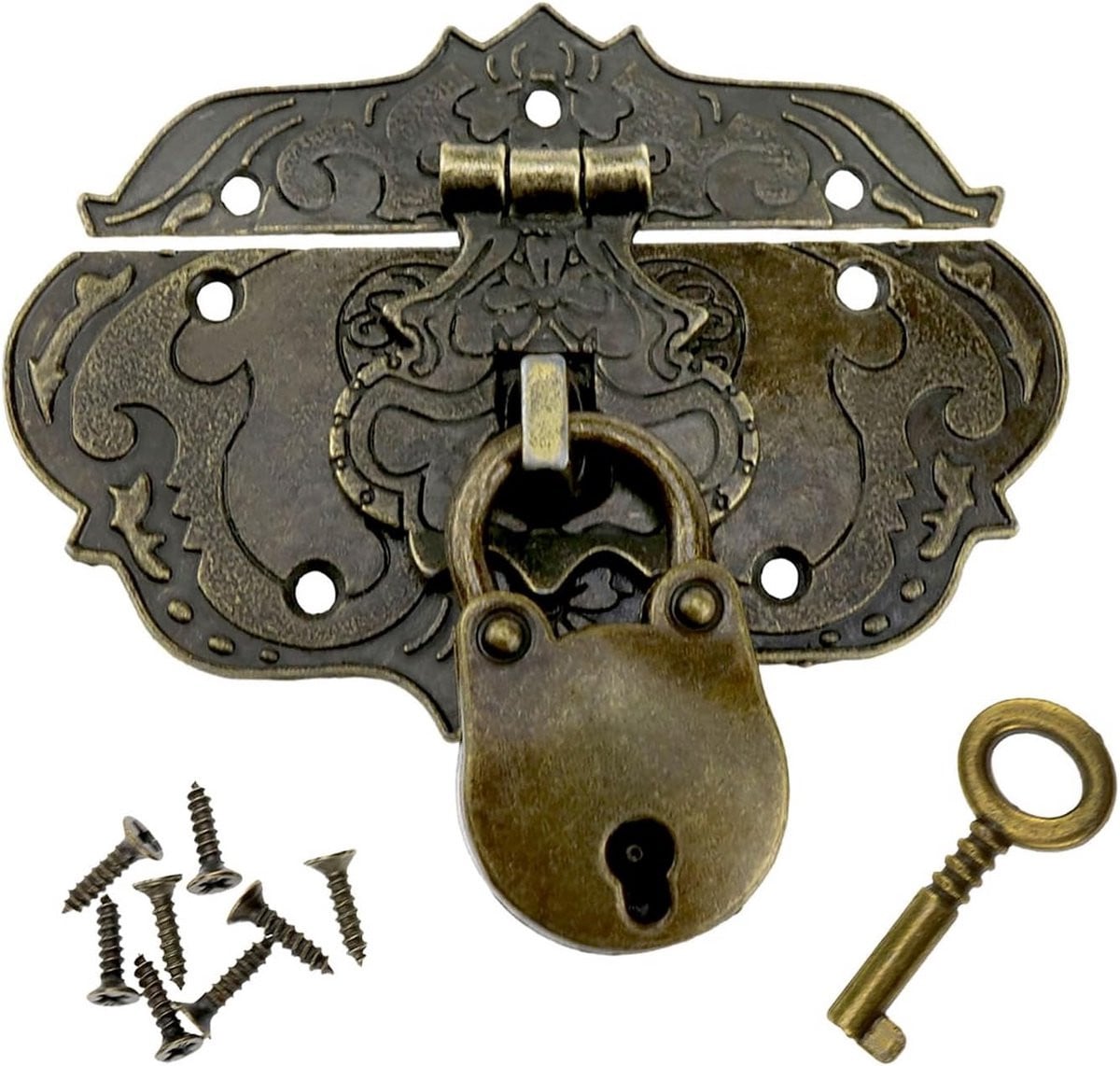 Antieke Hasp Sluiting Decoratieve Grendel in Brons, 7 cm