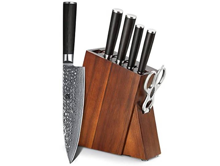 XINZUO Scharf Profi Damaststahl 7-teilig Messerblock Set -Pakkaholz Griff Hammerfinish Küchenmessersets -Chef Santoku Nakiri Universal Obstmesser mit Akazienholz Messerblock und Küchenschere