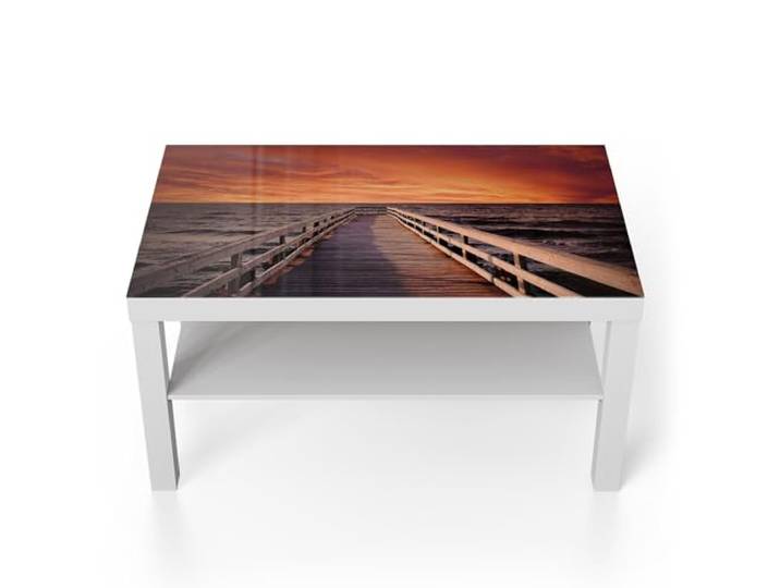 DEQORI Glastisch weiß groß 90x50 cm Motiv Steg ins Abendrot ausgefallener Beistelltisch aus Glas Hochglanz Couchtisch fürs Wohnzimmer moderner Couch Tisch mit Design