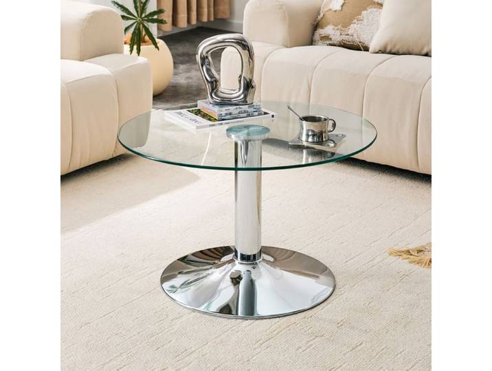 Table basse ronde - ZEVKOR - 70x70x45 cm - Plateau verre trempé - Structure métallique - Finition argentée