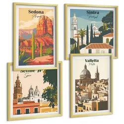 BILDER SET 4er Set - 50x50 cm & 40x60 cm Goldrahmen - Retro-Stadtansichten Sedona Sintra