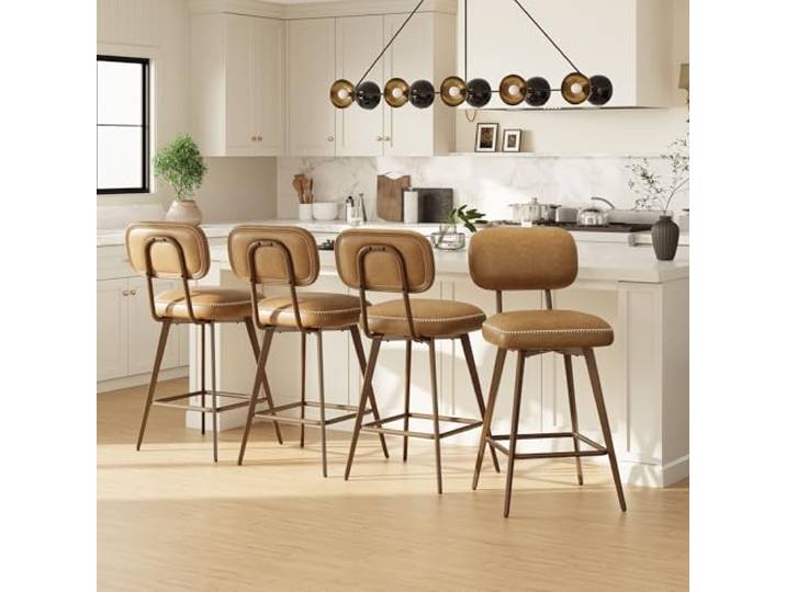MALOL 360° Drehbarer Barhocker 4er Set, Barstuhl mit Rückenlehne und Fußstütze, Ergonomischer PU-Leder Barhocker, Moderner Küchenhocker für Theke, Küche und Homebar, Braun