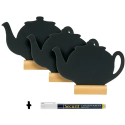 Securit® 3er-Set Mini-Tischtafeln - Teekannen-Silhouette - Holzsockel - Kreidestift inklusive