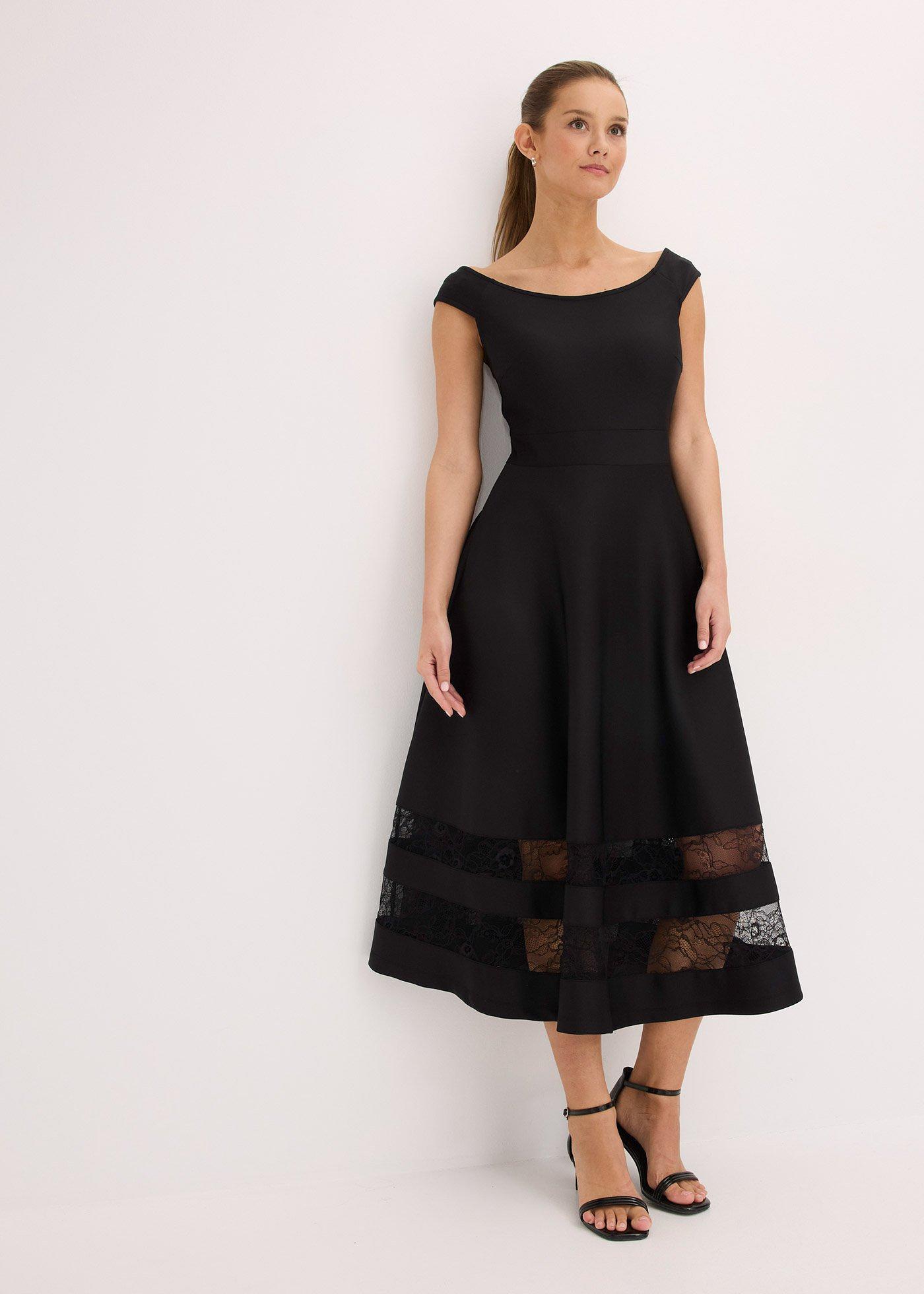 bonprix Carmen-Kleid mit Spitze, schwarz, Gr.48/50 (XL), Romantisch und feminin: Carmen-Kleid mit Spitzen-Einsatz und Gürtel