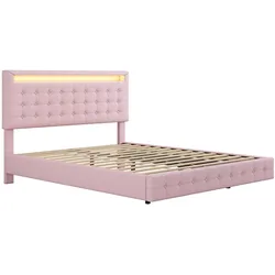 Merax 140*200cm Polsterbett, LED-Umgebungslicht, 24-Tasten-Fernbedienung, PU-Material, dreistufige Höhenverstellung des Kopfteils, Rosa