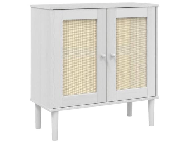 Makastle Sideboard Weiß 80x35x80 cm 14 kg Boho-Retro-Stil Kiefernholz mit Rattan-Optik, Zusammenbau erforderlich