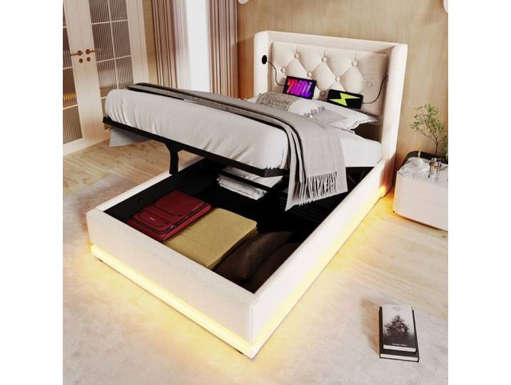 Lit simple capitonné - MERAX - Lit Simple Capitonné - 90x200 cm - Ports USB/Type-C intégrés - Rangement hydraulique & LED