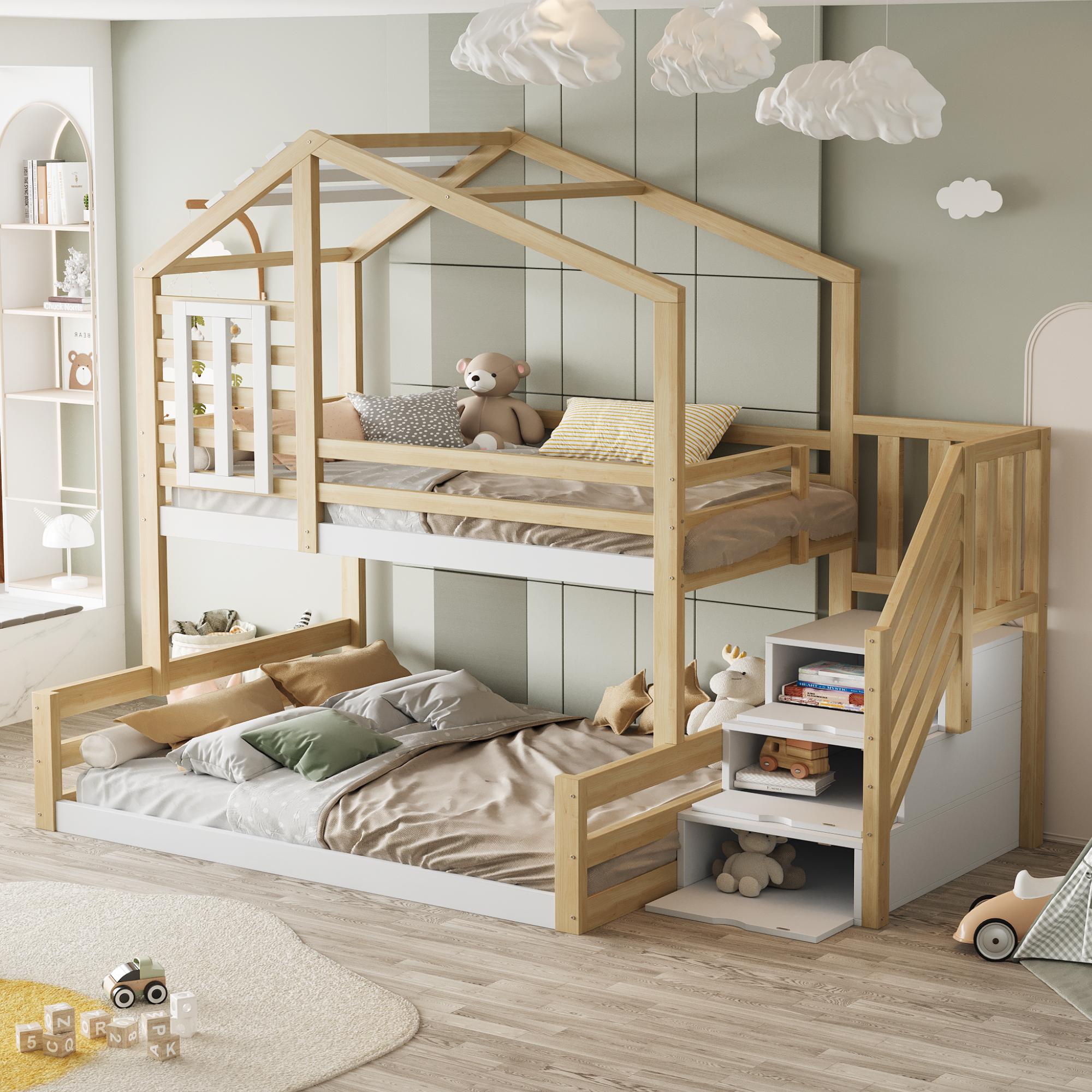 Etagenbett mit 2 Liegeflächen und Rausfallschutz, 90x200cm/140x200cm, Treppe mit Stauraum, Kinderbett, Jugendbett, Kiefer