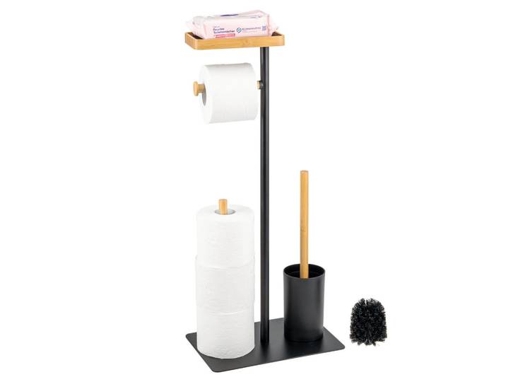 eluno Stand-Wc-Garnitur 4in1, Bambus/Metall schwarz, Schwarz, 30x68x20 cm, Badezimmer, WC Ausstattung, WC-Bürsten