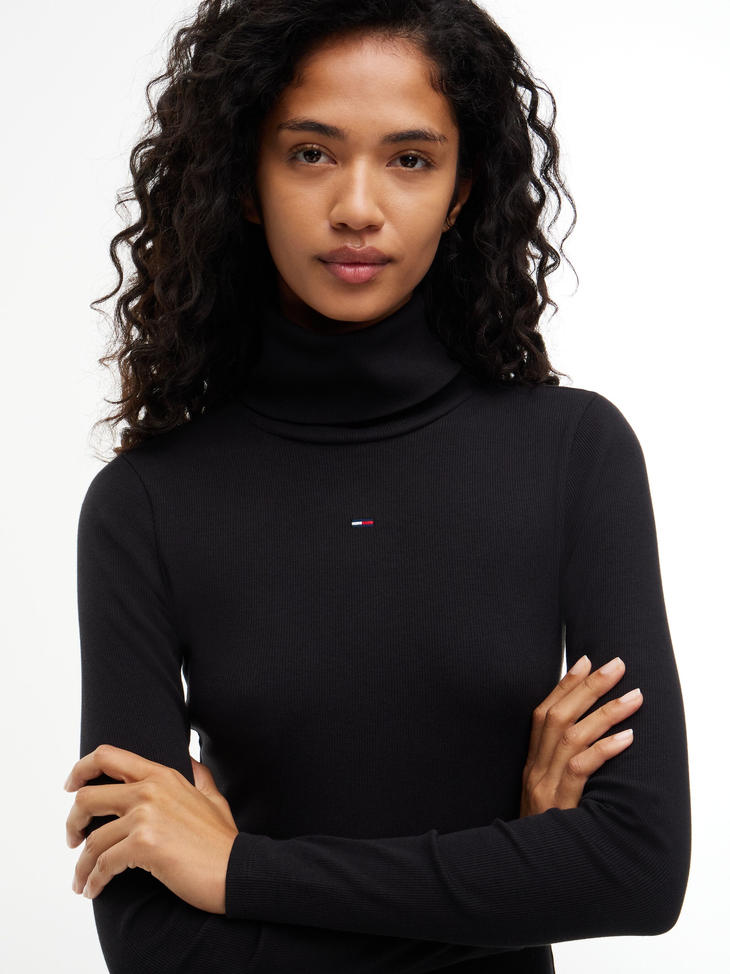 Jerseykleid TOMMY JEANS "TJW TURTLNCK BODYCON MIDI DRESS", Damen, Gr. XL (46), N-Gr, Langarm, Jersey, schwarz, Jersey, Obermaterial: 95% Baumwolle, 5% Elasthan, unifarben, figurbetont wadenlang, Rundhals, gerader Abschluss, Kleider Jerseykleid, Baumwollmi