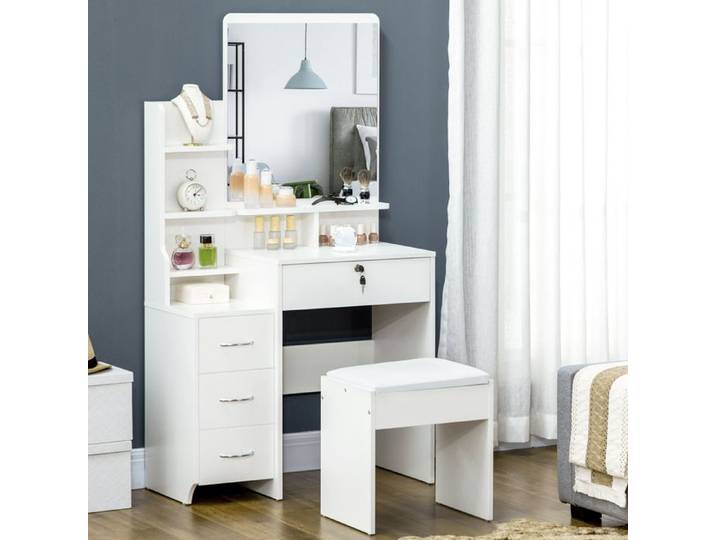Ensemble de coiffeuse avec tabouret rembourré grand miroir + plusieurs étagères ouvertes + 4 tiroirs blanc