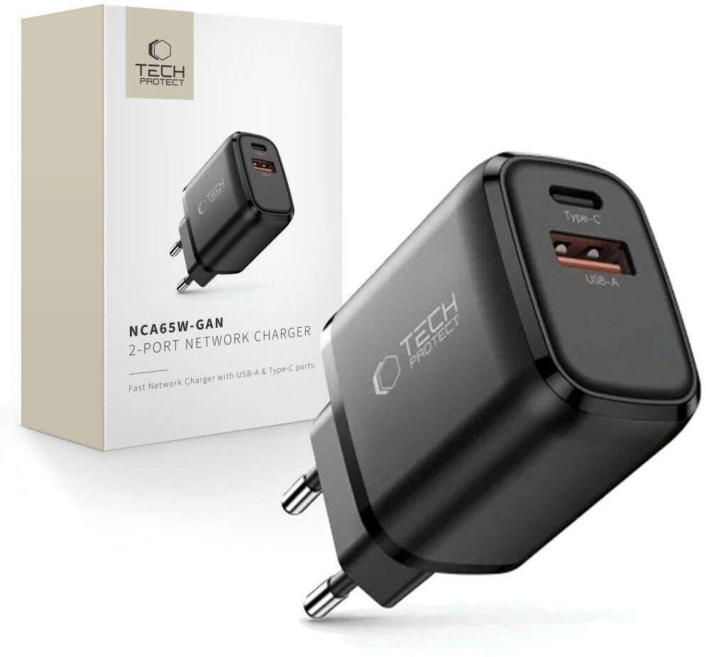 Tech-Protect Vægoplader m. 1x USB-C & 1x USB-A - 65W - Sort
