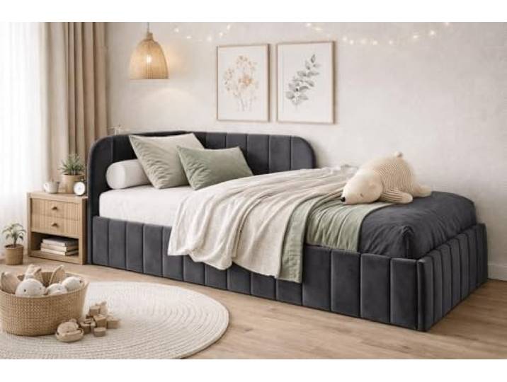 Bett Mario 120x200 cm, Metallrahmen, Oeko-Tex,, Graphit, Links Betten Mario, Polsterbett, Jugendbett mit Bettkasten, Eleganter Jasmine-Stoff
